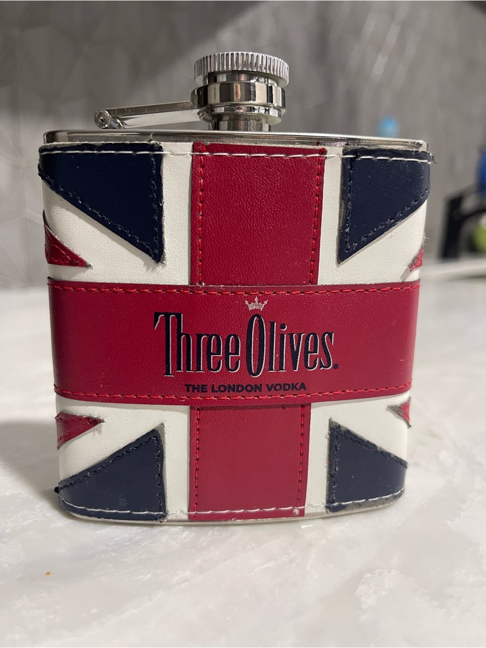 Three Olives London Vodka Union Jack Wrap 6 oz Stainless Steel Hip Flask